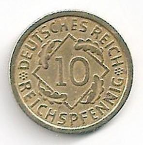 Vokietija. 10 reichsfeningų ( 1924 J ) VF